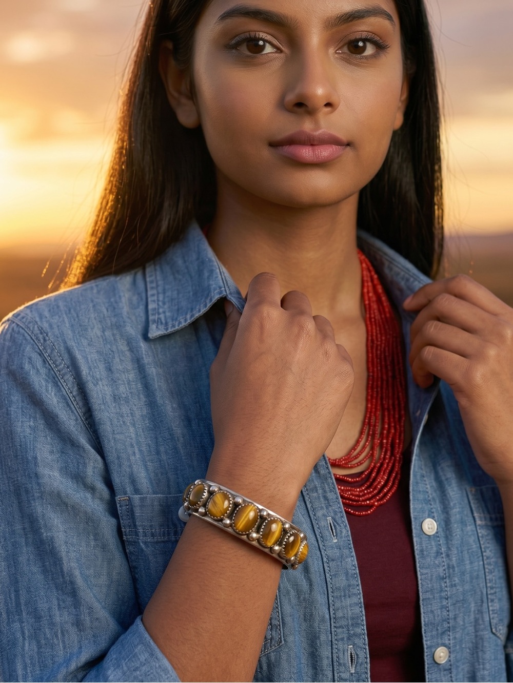 Authentic Vintage Navajo Patrick Yazzie Sterling Silver Tigers Eye Cuff Bracelet